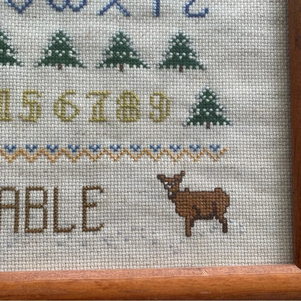 Hand Stitched Needlepoint Alphabet Nature Sampler Handmade Kitschy Y2K Wall Hang